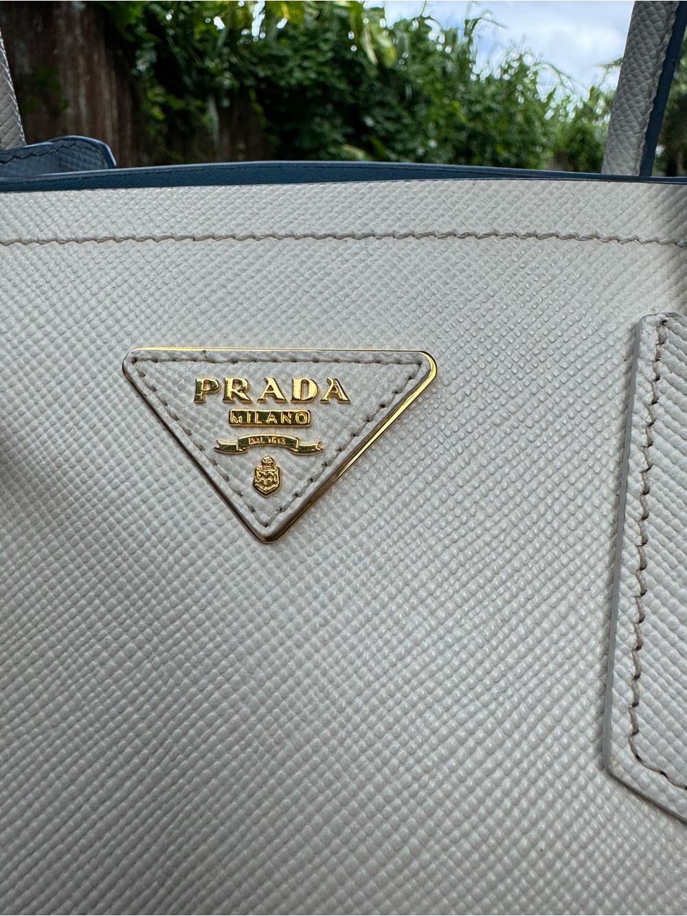 Prada Cream Saffiano Leather Tote with Blue Trim - Picture 4 of 14